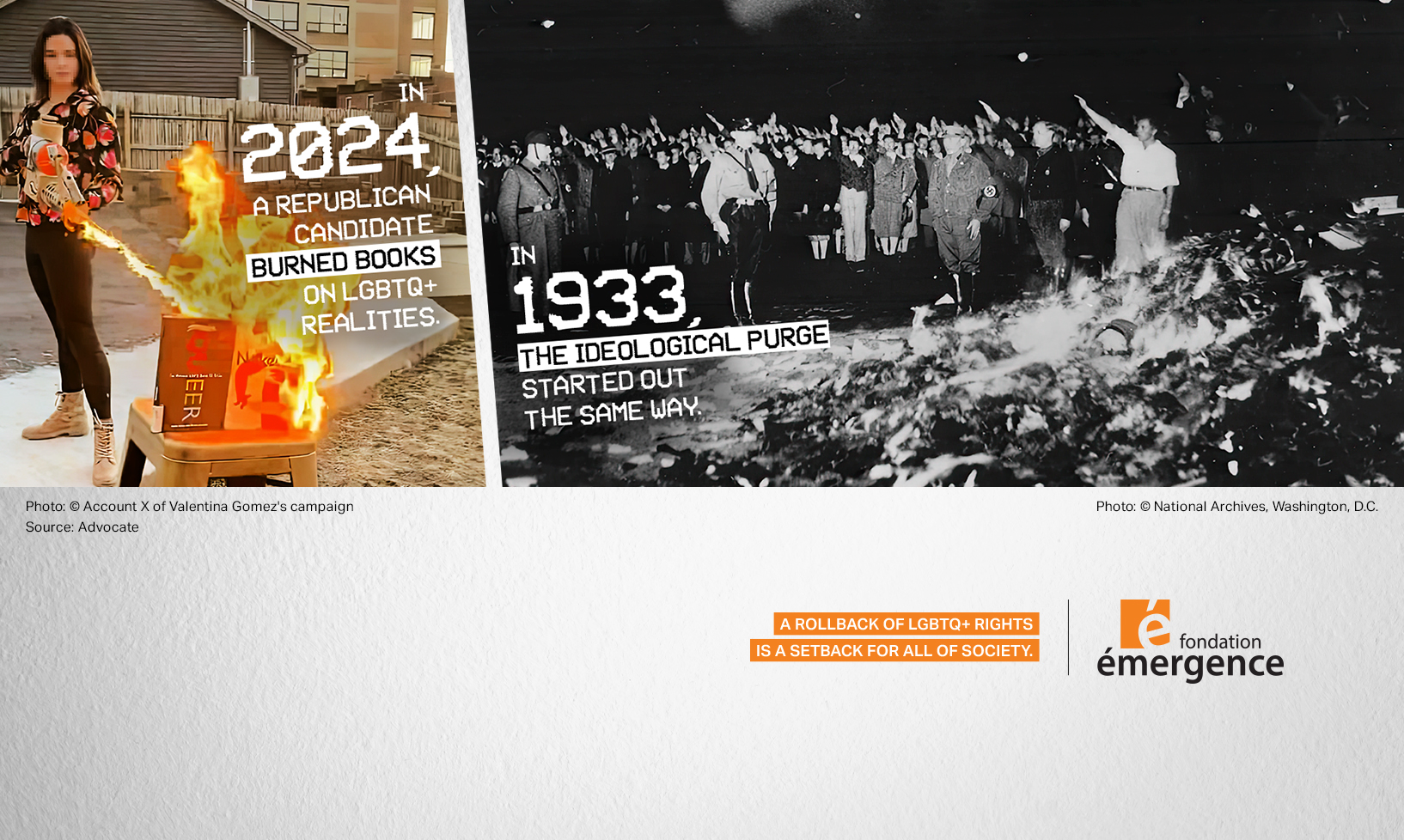 In 2024, a Republican candidate burns books on LGBTQ+ realities, which is how ideological purges began in 1933.
